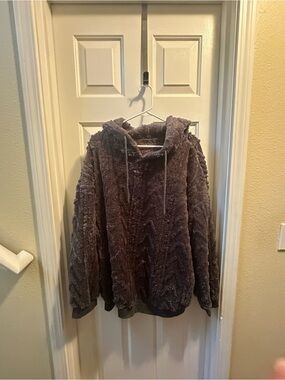 Plush Gray Hooded Fuzzy Pullover
